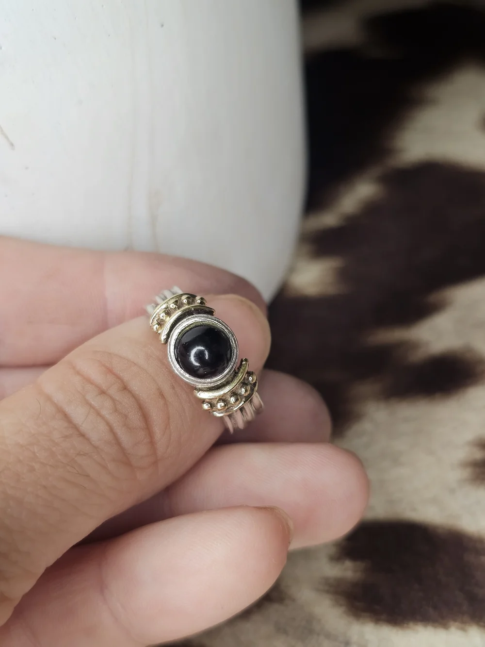 Sterling Silver Black Onyx Ring with 14k Gold - Signed - Size 8.75